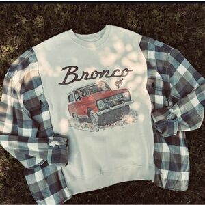 Hand sewed Bronco Graphic Sweatshirt with Plaid Sleeves